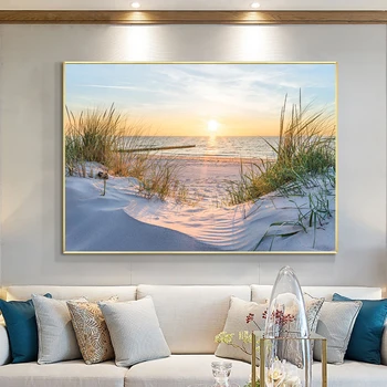 Paplūdimio gamtos peizažas Fotodrobė Spausdinti Sienų meno plakatas Saulė Jūros augalai Atpalaiduojantis paveikslėlis svetainei Namų dekoras Cuadros