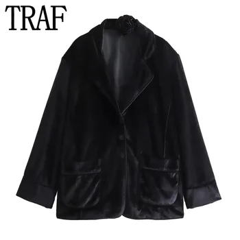 TRAF 2023 Velvet Black Blazer Woman Flower Vintage Jacket Long Sleeve Office Elegant Women's Blazer Autumn Women's Jackets
