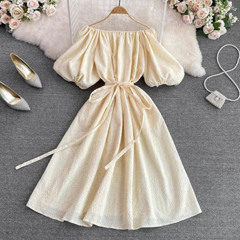 Long Party Dress 2023 Summer New Super Fairy French First Love Dress Loose Square Neck Dress Bubble Sleeve Waist A Line Dress