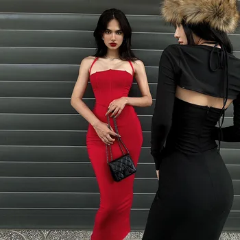 Prancūziška elegantiška pakabinama kaklo suknelė Vasara Naujas karštas temperamentas Slim Fit Ilgos suknelės Moterys Raudonas margas petnešos Apvynioti klubų sijonai