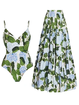 Fashion Green Floral Print Suspender Beach Long Skirt Resort Casual Romantic Tight Waist Bikini And Cover Up 2023 Moterų vasara