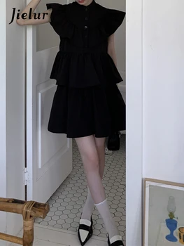 Jielur Vasara Nauja prancūziška vienspalvė moteriška suknelė Liekna Saldi ponia Suknelė Moteriška juoda raukiniai Rankovės Pasvirojo brūkšnio kaklo suknelė Moteris