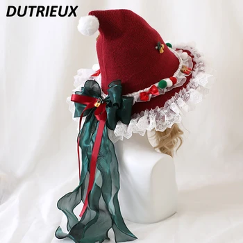Original Lolita Christma Bowknot Plush Nėrinių raganos kepurės moterims Lolitos merginos Beretės kepurė Raudona kalėdinė kepurė Naujųjų metų kepurės