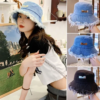 Washed Denim Fisherman Hat Korean Women Kutsel Big Brim Fashion Leisure Basin Hats Foldable Outdoor Ladies Big Eaves Cap