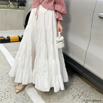 Pavasario vasaros moterys Šifono sijonai Vintažiniai aukšto juosmens elastiniai margučiai Baltas juodas prašmatnus ilgas tortas A linijos sijonas studentui