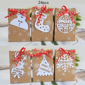 24vnt Kraft popierinė saldainių dėžutė Favor dovanų dėžutė su juostele balta žyma Svečiai Sausainių pakuotės dėžutės Naujųjų metų kalėdinio vakarėlio dekoravimas