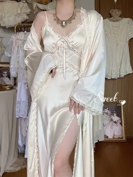 WTEMPO Rudens šilkas Seksuali suknelė Dirželis Moterys Laisvalaikio korėjiečių elegantiška ilga skaldyta Nėrinių suknelė Moterys Mada Elegantiškas V Kaklas