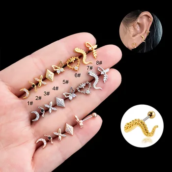 1PC Heart Moon Crystal Tragus Ear Piercing Surgical Steel Snake Bar Daith auskarai moterims Merginos Helix kremzlės smeigės