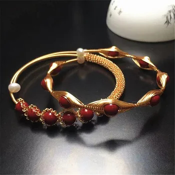 Natural Red Cinnabar 14K Gold Filled Wire Twining Apyrankė moterims, atidarančioms Bangle Vintage Party Lucky Jewelry Gift Whosale