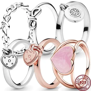 Genuine Hot 925 Sterling Silver Eternal Heart Padlock Bow Moterų ženklas Pandoros žiedo vestuvės Aukštos kokybės mados žavesio papuošalai