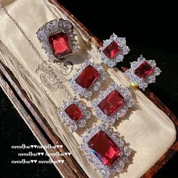 Naujas išskirtinio temperamento blizgesys raudonas kubinis cirkonis 925 svarų sterlingų sidabro papuošalų rinkinys moterims Vestuvių sužadėtuvių vestuvių dovana