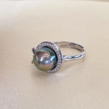 9-10mm Tikras Taičio juodųjų perlų žiedas Reguliuojamas 925 svarų sterlingų sidabrinis žiedas su natūraliu jūros vandens perlu moterų vestuvių papuošalams