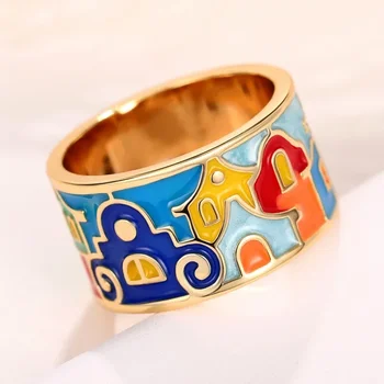 Naujas kūrybingas spalvotas namuko dizaino emalio piršto žiedas moterims Aukso spalvos juosta Juokingi merginų žiedai Dovanų hiphopo vakarėlio papuošalai