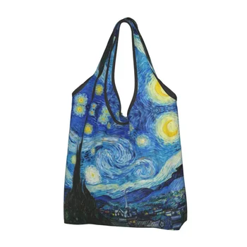Daugkartinio naudojimo Žvaigždėtas naktinis pirkinių krepšys Moterų krepšys Nešiojamas Vincento van Gogo bakalėjos prekių pirkėjų krepšiai