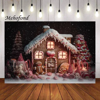 Mehofond Photography Background Christmas Winter Meduolių namelis Sniego vaikai Šeimos vakarėlis Portreto dekoras Fotostudija