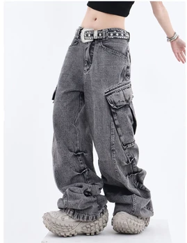 Džinsinės krovininės kelnės Moterys Vyriški džinsai High Street Vintage Skalbti aukšto juosmens kišeniniai džinsai Kelnės Laisvalaikio plačių kojų krepšys Džinsai Drabužiai