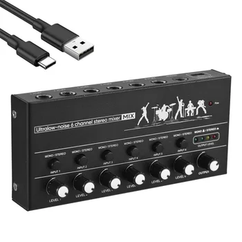6 kanalų garso maišytuvas Stereo Line Metal Shell USB Type-C maitinimo šaltinis 6.35mm Mono/6.5 Dvigubi kanalai gitaros bosui