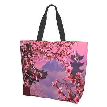 Rožiniai vyšnių žiedai Japoniškas rankšluosčių medis Fuji kalnas Sakura drobė Tote krepšys Daugkartinio naudojimo bakalėjos krepšiai Birūs dideli atsitiktiniai pirkiniai